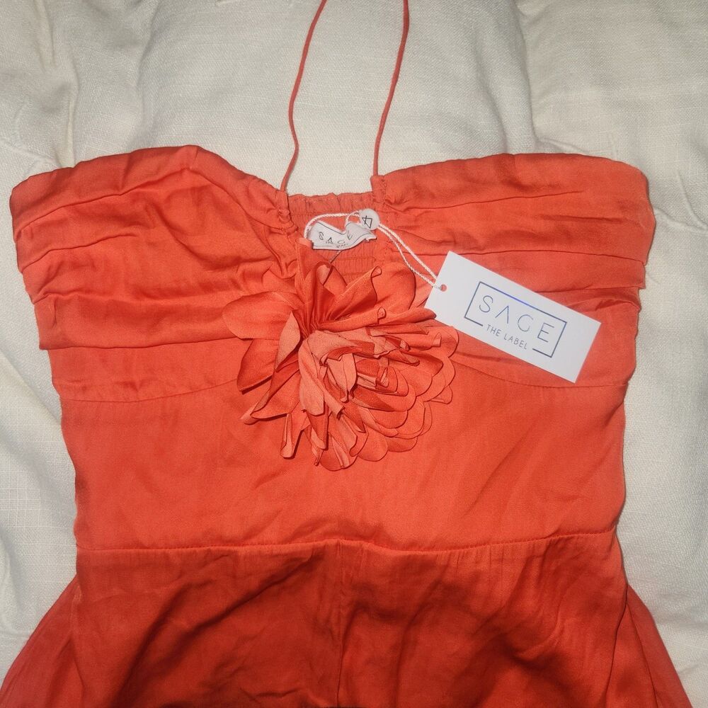 NWT Sage The Label Dream Skies Orange Halter Jumpsuit Detachable Flower- Small - Picture 4 of 16
